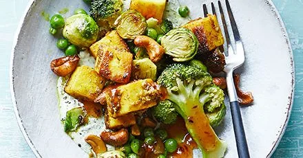 Spiced broccoli, paneer & peas with garam masala cashews