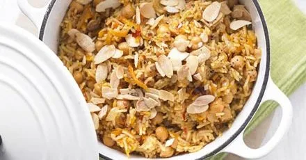 Spiced carrot, chickpea & almond pilaf