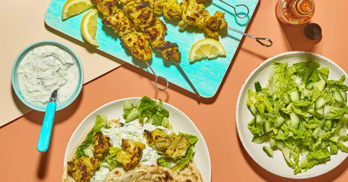Spiced chicken kebabs with chopped salad & flatbreads