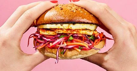 Spiced halloumi & pineapple burger with zingy slaw