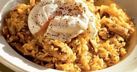 Spiced rice with kippers & poached eggs
