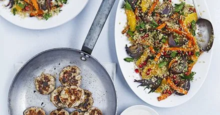 Spiced turkey patties with fruity quinoa salad