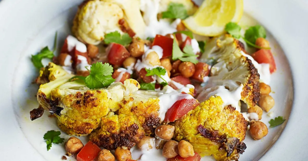 Spiced whole cauliflower & warm chickpea salad