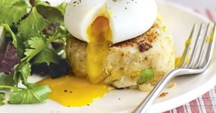Spicy smoked fish cakes with herb salad & eggs