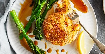 Spicy sweet potato fishcakes with charred greens