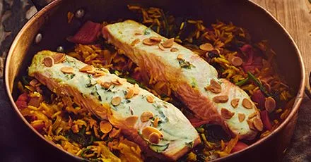 Spinach kedgeree with spiced salmon