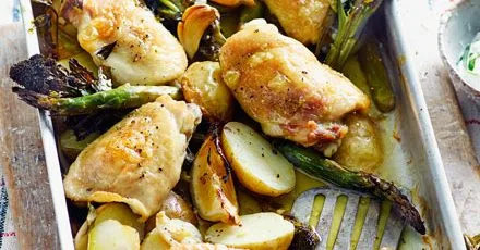Chicken and Jersey royal traybake