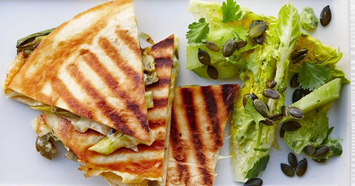 Spring onion quesadillas with guacamole salad