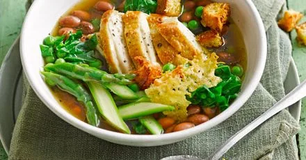 Spring vegetable broth with shredded chicken