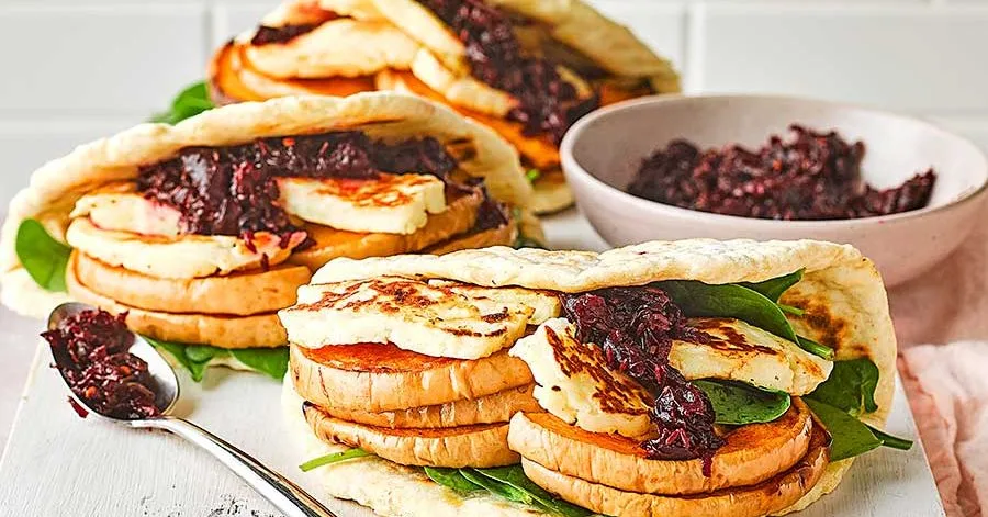 Squash & halloumi flatbreads with sweet chilli beetroot jam