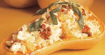 Squash with rice, sage & goat's cheese