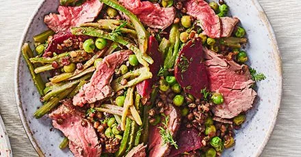 Steak, beetroot, horseradish & warm lentil salad