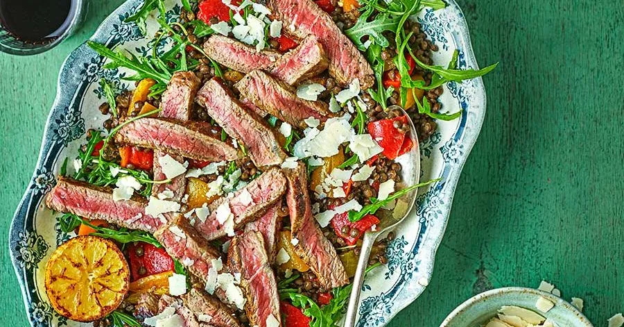 Steak tagliata with lemony lentils