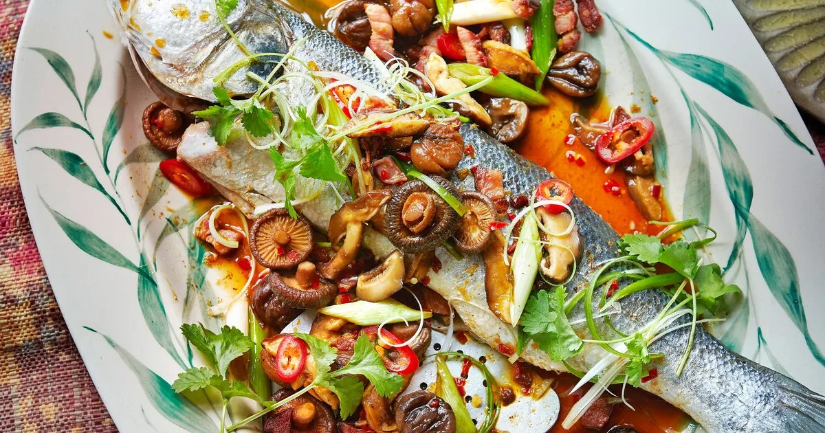 Steamed sea bass with wok-fried bacon lardons, chestnuts & dried Chinese mushrooms
