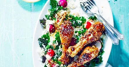 Sticky chicken drumsticks & sesame rice salad