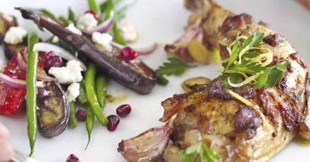 Sticky chicken with sherry, almonds & dates