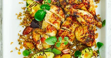 Sticky citrus chicken with griddled avocado & beet salad