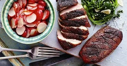Sticky duck with Chinese pickled radishes