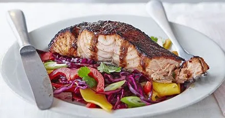 Sticky jerk salmon with mango slaw