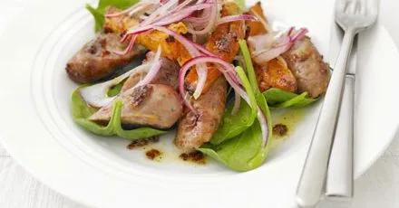 Sticky sausage & sweet potato salad