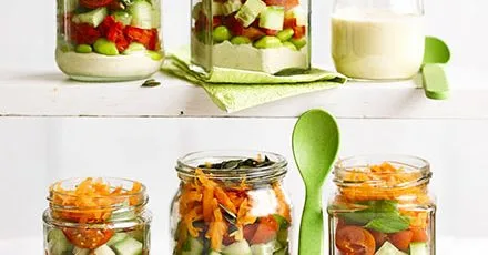 Stripy hummus salad jars