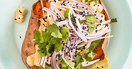 Sweet potato jacket with Coronation chickpeas
