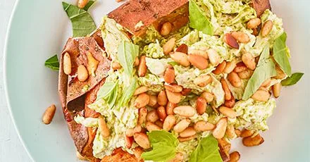 Sweet potato jacket with pulled pesto chicken