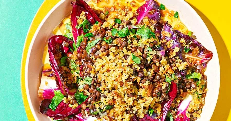 Sweet & sour radicchio with toasted crumbs & herby lentils