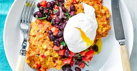 Sweetcorn fritters with eggs & black bean salsa