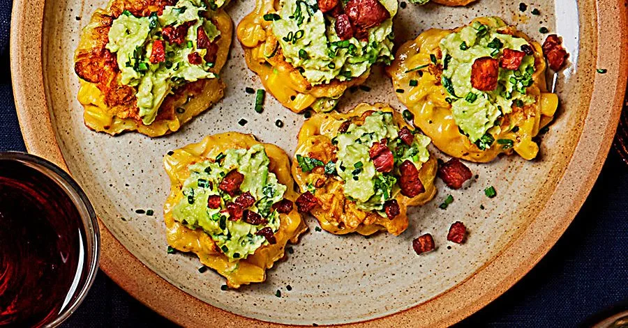 Sweetcorn fritters with avocado & crispy chorizo