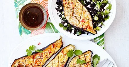 Tamarind aubergine with black rice, mint & feta