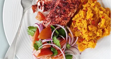 Tandoori tilapia with spicy sweet potato mash & tomato salad