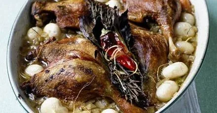 Tender duck legs with baby turnips