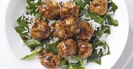 Teriyaki chicken meatballs with rice & greens