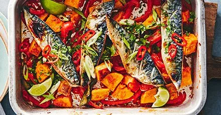 Thai mackerel & sweet potato traybake