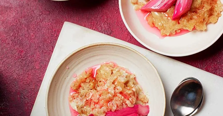 Toasted coconut rice pudding with cardamom poached rhubarb