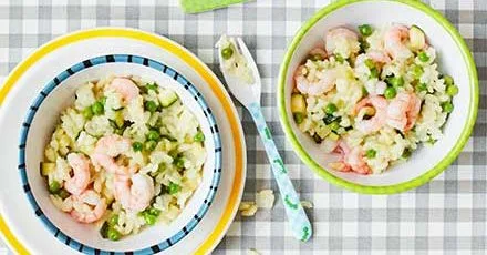 Toddler recipe: Microwave courgette and pea risotto with prawns