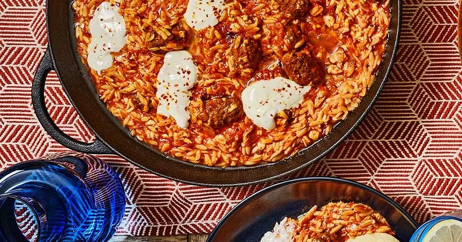 Tomato & oregano orzo with beef koftas
