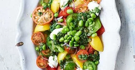 Tomato salad with ricotta, broad beans & salsa verde