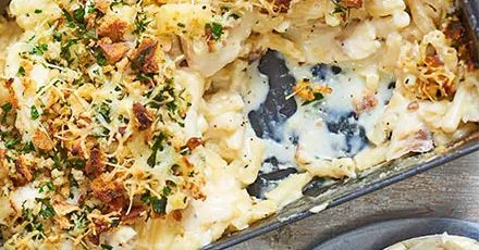 Truffled macaroni & smoked haddock bake