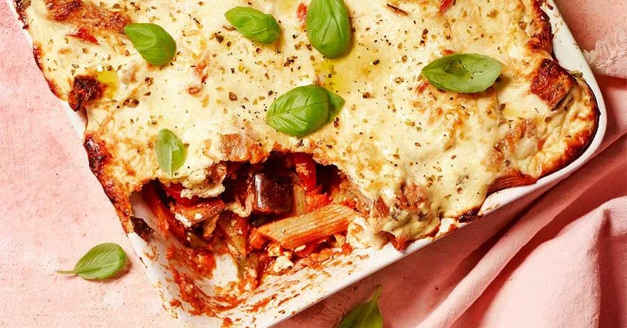Tuna pasta & aubergine bake