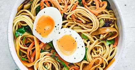 Veg-packed noodle & egg bowl