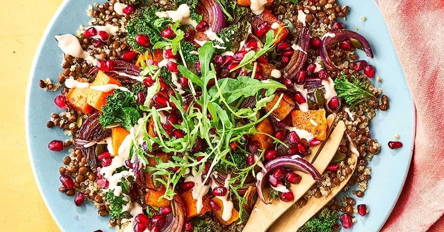 Vegan roast spiced squash salad with tahini dressing