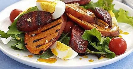 Warm chorizo, sweet potato & egg salad