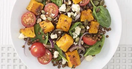 Warm roasted squash and puy lentil salad