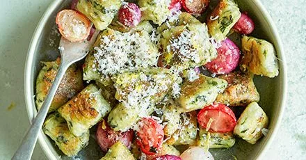 Watercress gnocchi with roasted radishes & lemon
