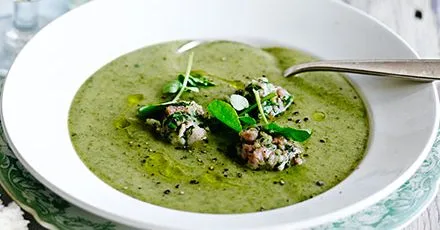 Watercress soup with bacon dumplings