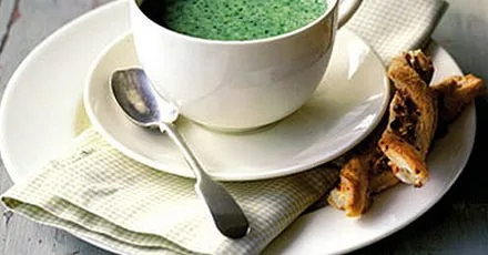 Watercress soup with blue cheese & cashew pastries