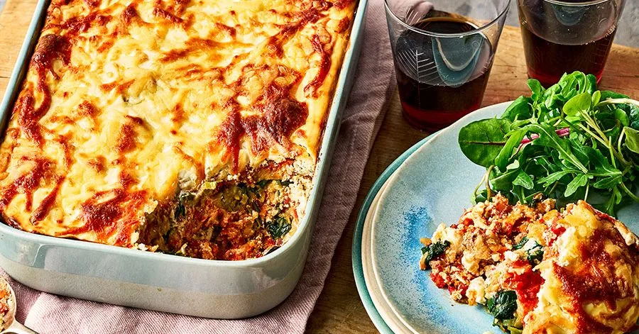 Whipped ricotta, spring onion & leek matzo lasagne