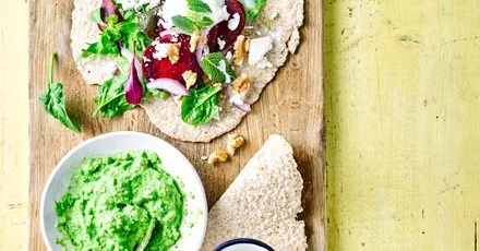 Wholemeal wraps with minty pea hummus & beetroot